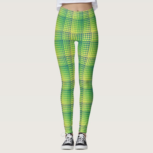 Green Blue Chequered Abstract Pattern Leggings (Front)