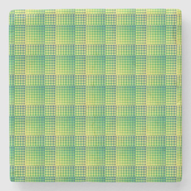 Green Blue Chequered Abstract Pattern Stone Coaster (Front)