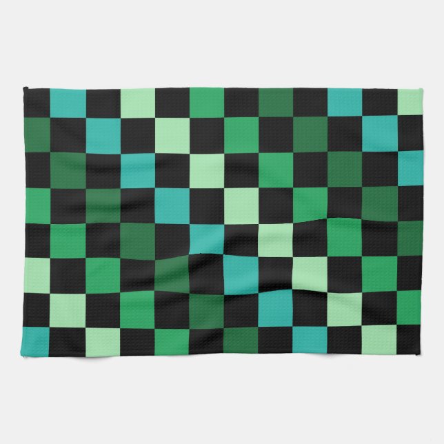 Green Blue Chequered Gingham Pattern Kitchen Towel (Horizontal)