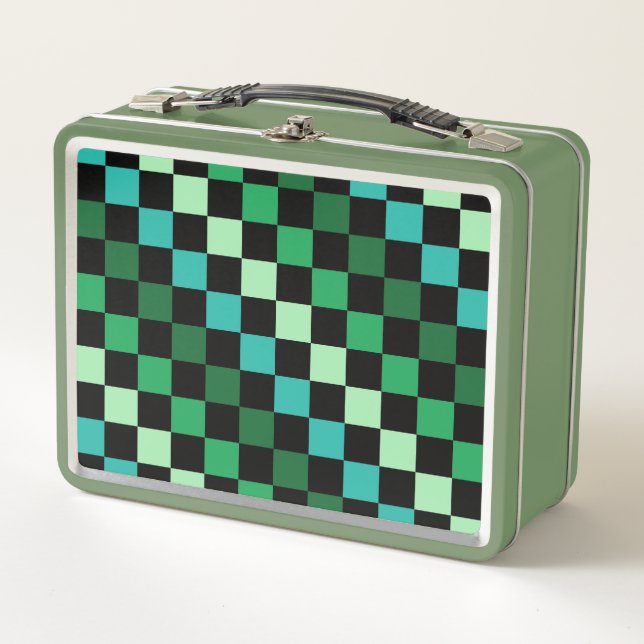 Green Blue Chequered Gingham Pattern Metal Lunch Box (Front)