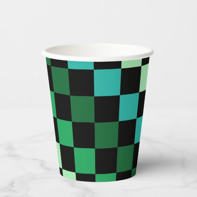 Green Blue Chequered Gingham Pattern Paper Cups (Front)