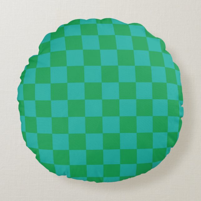 Green Blue Chequered Gingham Pattern Round Pillow (Front)
