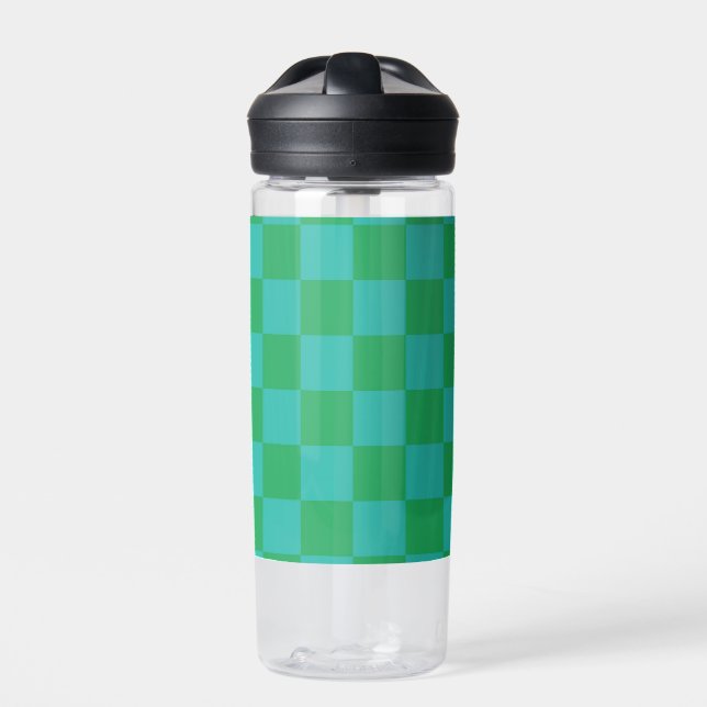 Green Blue Chequered Gingham Pattern Water Bottle (Front)