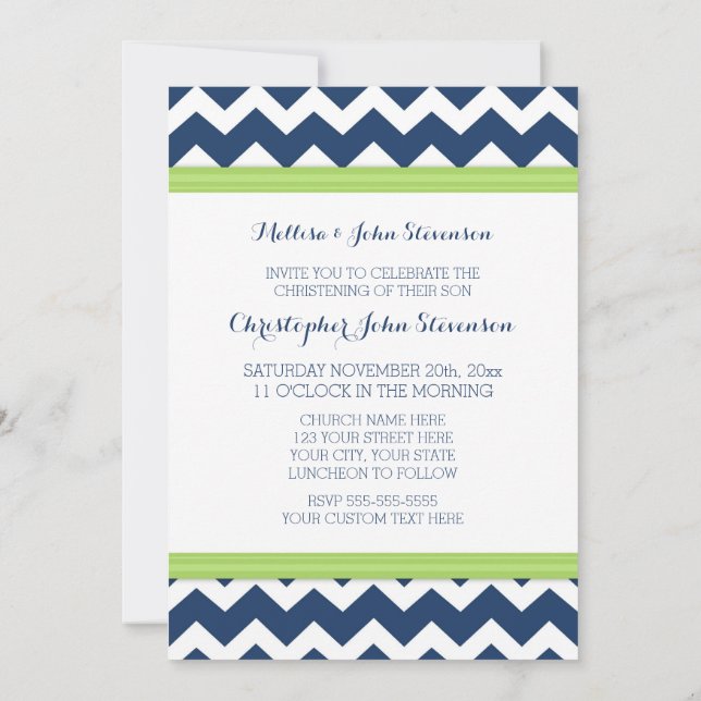 Green Blue Chevron Christening Invitation (Back)