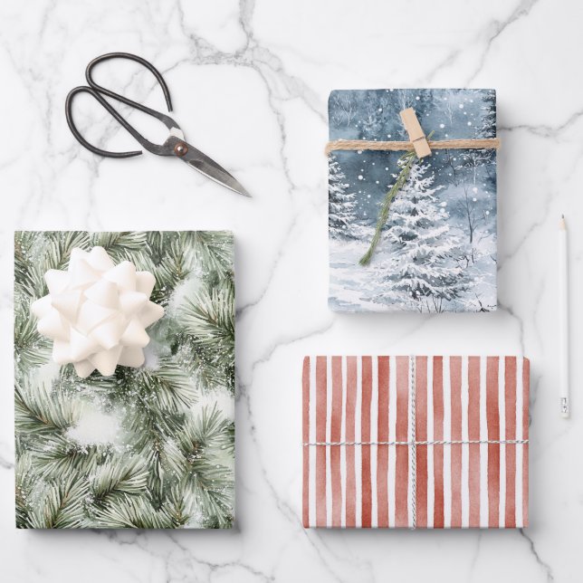 Green & Blue Christmas Trees Red Stripes Wrapping Paper Sheet (Front)