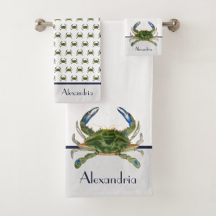 Green Blue Crab Grey Nautical Coastal  Bath Towel Set