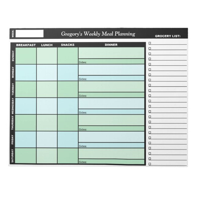 Green & Blue Custom Weekly Meal Planning Notepad (Front)