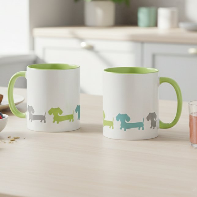 Green & Blue Dachshund | Modern Wiener Dog Mug (modern dachshund mug with teal, green and gray wiener dogs)