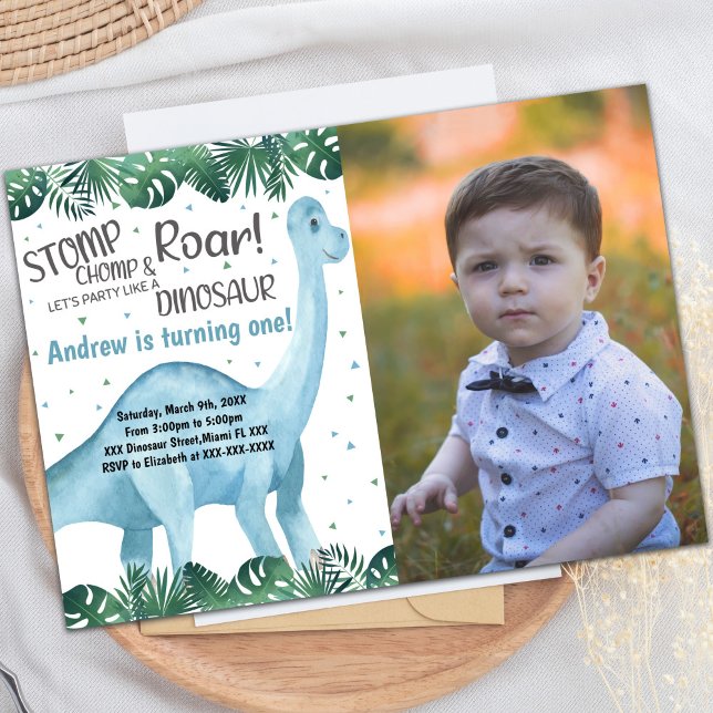 Green & Blue Dinosaur Birthday Invitations (Green Blue Dinosaur Birthday Invitations w photo)