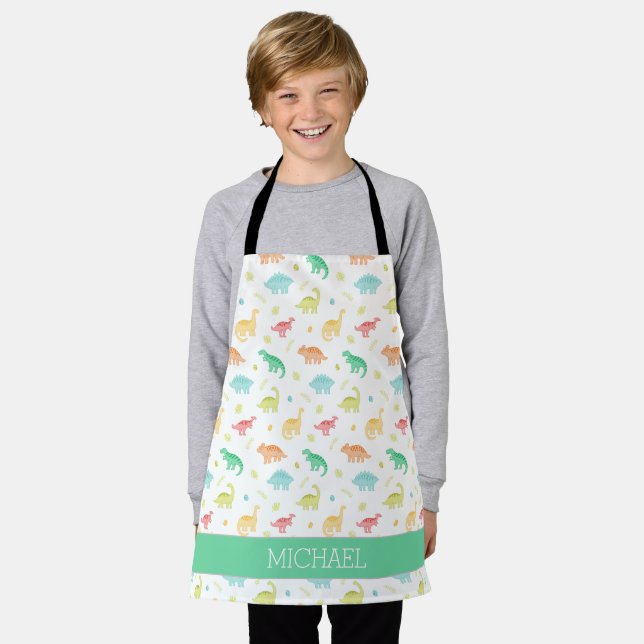 Green Blue Dinosaur Pattern Custom Name Apron (Worn)