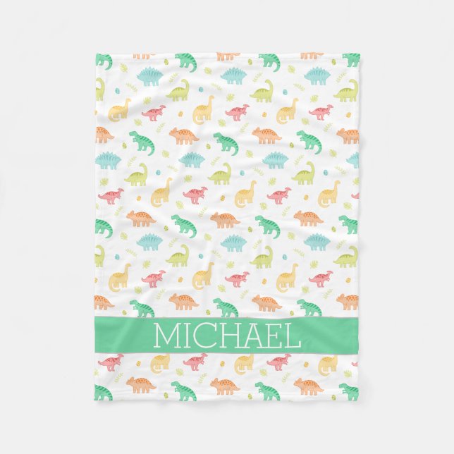 Green Blue Dinosaur Pattern Custom Name Fleece Blanket (Front)