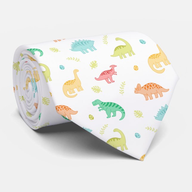 Green Blue Dinosaur Pattern Custom Name Tie (Rolled)