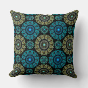 Green blue fractal sacred pattern throw pillow