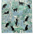 Green Blue French Cat Paris Cafe Shower Curtain
