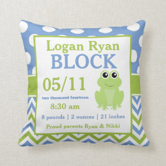 Green Blue Frog Baby Announcement Pillow