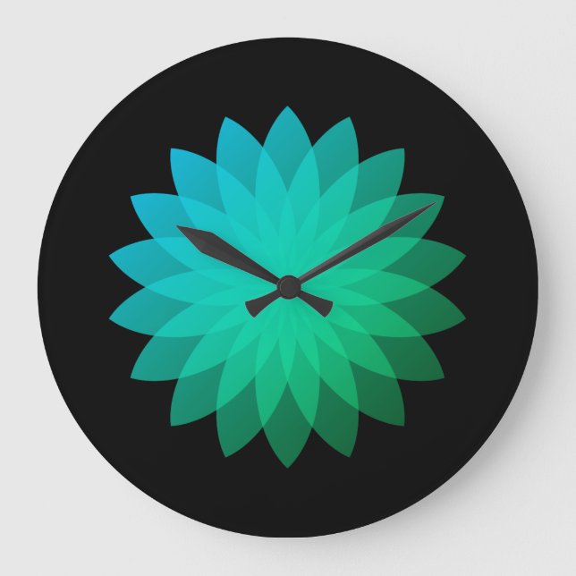 Green Blue Geometric Translucent Flower on Black Large Clock (Front)