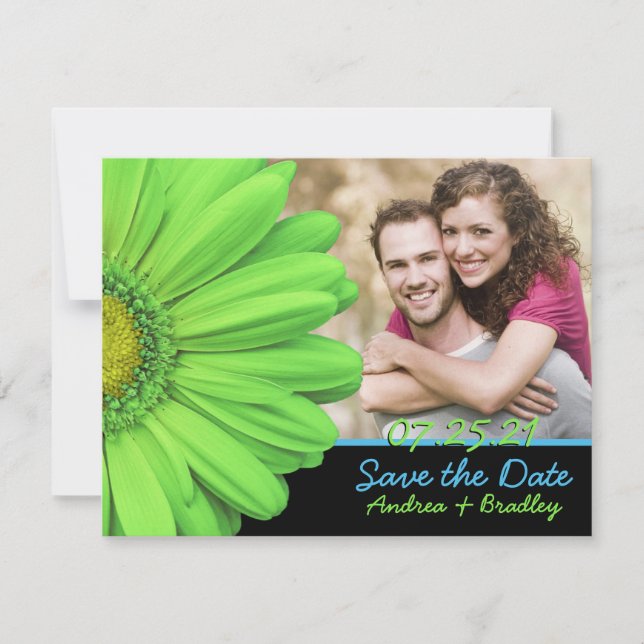Green Blue Gerbera Daisy Photo Wedding Save The Date (Front)