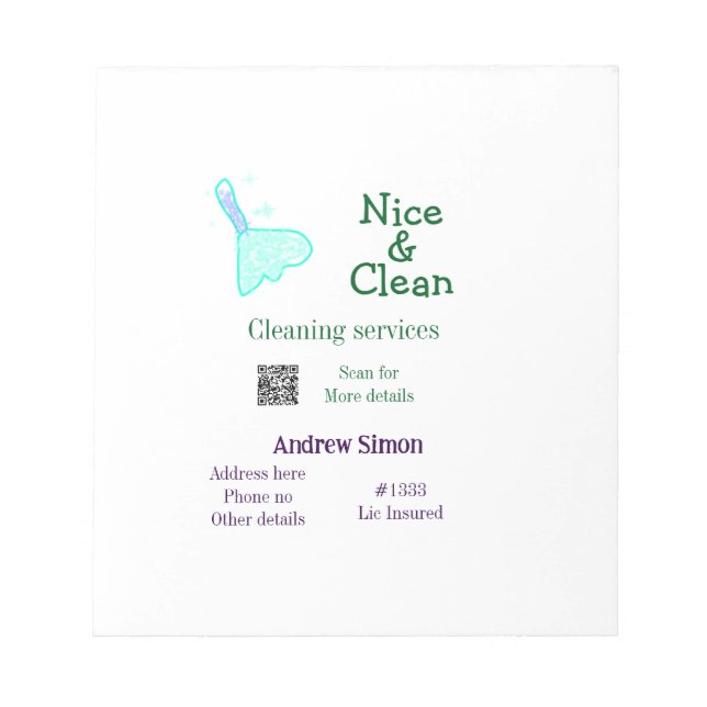 Green blue gitter clean mop add name address q r b notepad (Front)