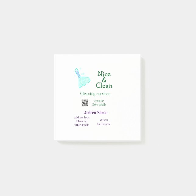 Green blue gitter clean mop add name address q r b post-it notes (Front)
