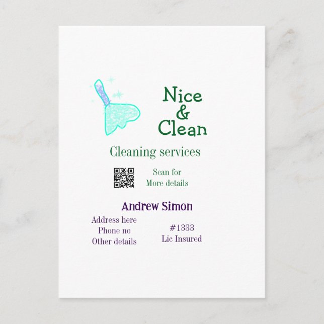 Green blue gitter clean mop add name address q r b postcard (Front)