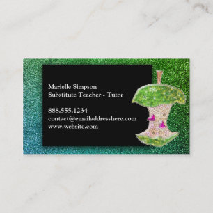 Green Blue Glitter Apple Substitute Teacher Tutor Business Card
