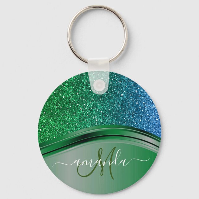 Green Blue Glitter Handwritten Calligraphy  Keychain (Front)