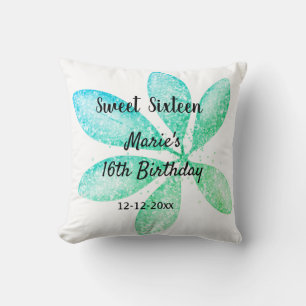 green blue glitter leaves 16 th birthday add name throw pillow