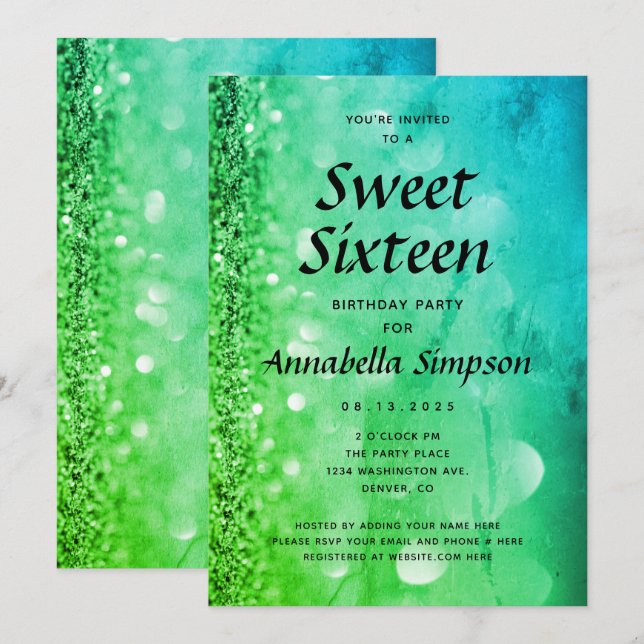 Green Blue Glitter Sweet Sixteen 16th Birthday Invitation (Front/Back)