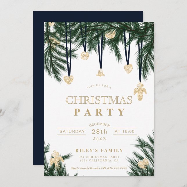 Green blue gold Christmas pine branches glitter Invitation (Front/Back)