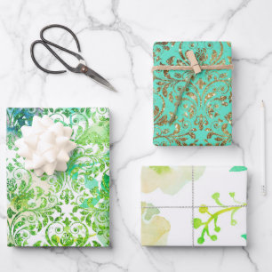 Green Blue gold damask lace floral Wrapping Paper