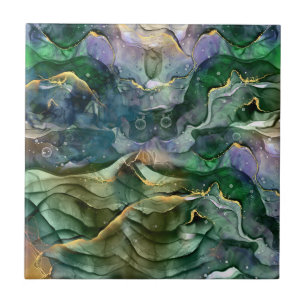 Green blue gold ink abstract tile