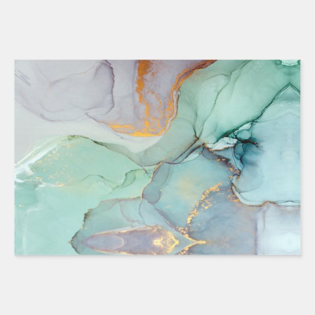 Green Blue Gold Marble Pretty Wrapping Paper Sheet (Front 3)