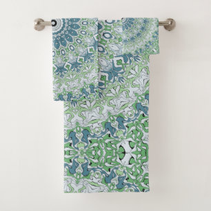 Green Blue Grey Coastal Mandala Kaleidoscope Bath Towel Set
