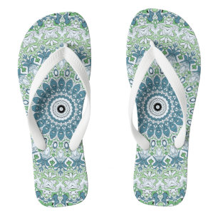 Green Blue Grey Coastal Mandala Kaleidoscope Flip Flops