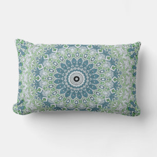 Green Blue Grey Coastal Mandala Kaleidoscope Lumbar Pillow