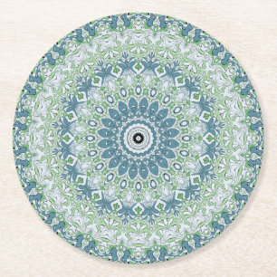 Green Blue Grey Coastal Mandala Kaleidoscope Round Paper Coaster