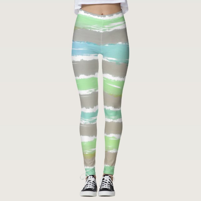 Green Blue Grey Watercolor Stripes Leggings (Front)