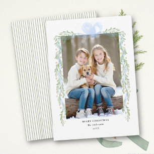 Green Blue Hand Drawn Bow Greenery Photo Christmas Holiday Card