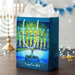 Green Blue Hanukkah Menorah Peace Love Light Medium Gift Bag<br><div class="desc">“Peace, love & light.” A close-up photo illustration of a bright, colourful, blue and green artsy menorah helps you usher in the holiday of Hanukkah in style. Feel the warmth and joy of the holiday season whenever you use this cute and fun personalized medium size gift bag. Matching cards, postage,...</div>