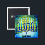 Green Blue Hanukkah Menorah Peace Sparkle Shine 2 Inch Square Button<br><div class="desc">“Peace, sparkle, shine.” A close-up photo of a bright, colorful, blue and green artsy menorah helps you usher in the holiday of Hanukkah in style. Feel the warmth and joy of the holiday season whenever you wear this chic, colorful Hanukkah button. Matching cards, postage, stickers, pillows, housewares, totebags, and other...</div>