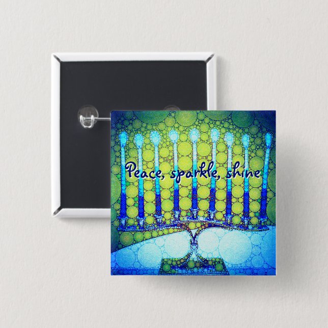 Green Blue Hanukkah Menorah Peace Sparkle Shine 2 Inch Square Button (Front & Back)
