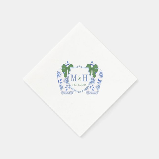 Green Blue Holidays Monogram Crest Wedding Napkin (Corner)