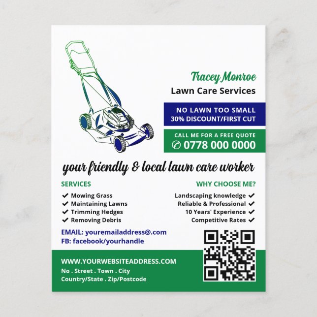 Green & Blue Lawn-Mower, Lawn Care Services Flyer (Front)