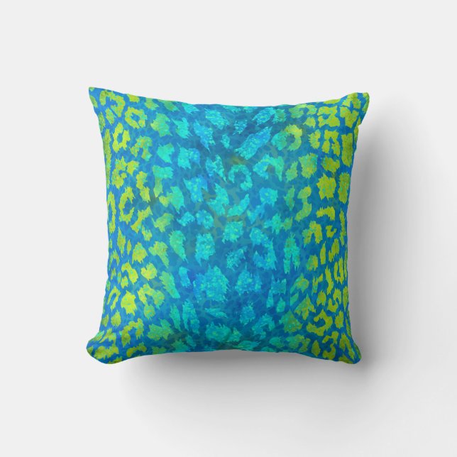 Green Blue Leopard Print Throw Pillow (Front)