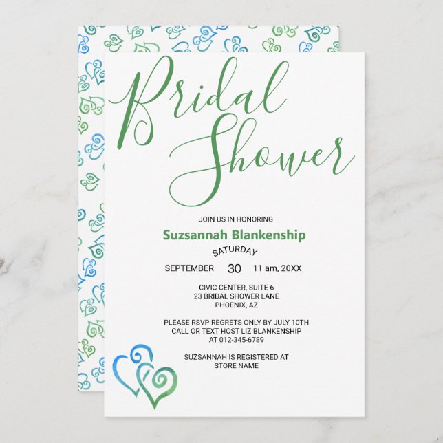 Green Blue Linked Hearts Bridal Shower Template (Front/Back)