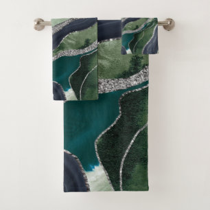 Green Blue Marble Agate Silver Glitter Glam #1  Bath Towel Set