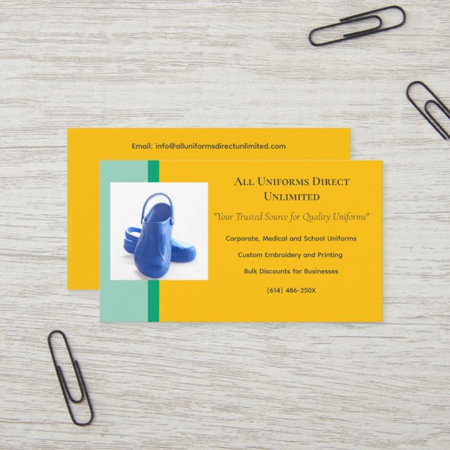 Green  Blue Medical Clogs Uniform  Business Card (Front/Back In Situ)