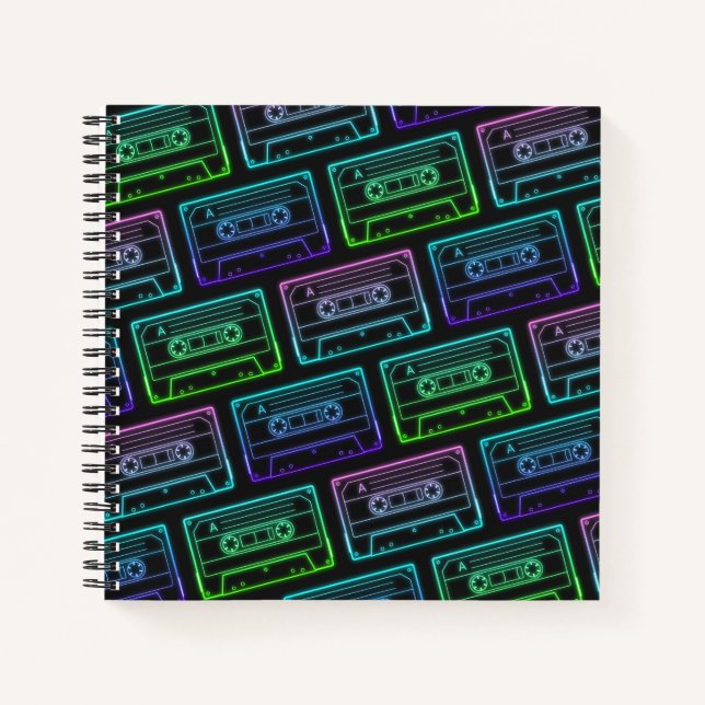 Green Blue Neon Cassette Tape Pattern Spiral Notebook (Front)