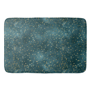 Green blue night sky teal gold star pattern bath mat