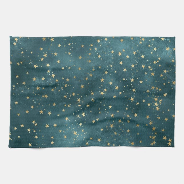 Green blue night sky teal gold star pattern  kitchen towel (Horizontal)